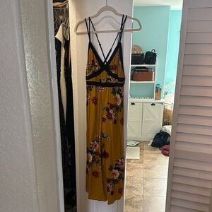 NanaMacs Mustard Floral Maxi Dress with Black Trim